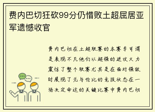 费内巴切狂砍99分仍惜败土超屈居亚军遗憾收官