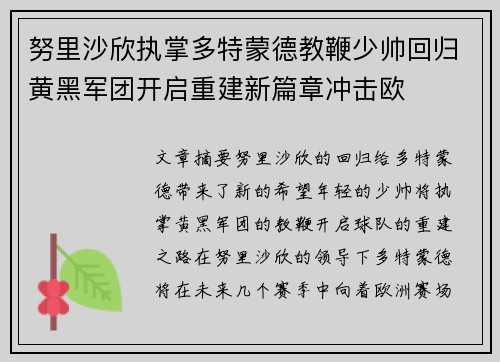 努里沙欣执掌多特蒙德教鞭少帅回归黄黑军团开启重建新篇章冲击欧