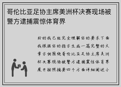 哥伦比亚足协主席美洲杯决赛现场被警方逮捕震惊体育界