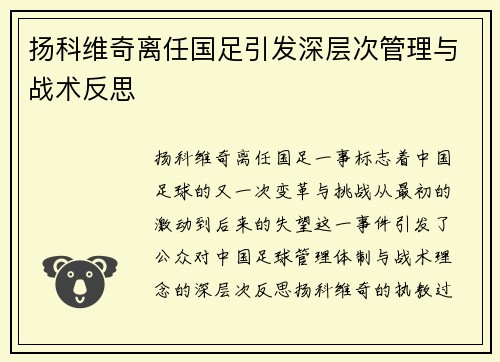 扬科维奇离任国足引发深层次管理与战术反思 扬科维奇离任国足引发深层次管理与战术反思